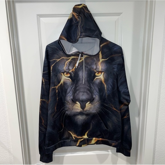 LIGHTNING TIGER Hoodie Adult size XXL Black ALL OVER PRINT Sweatshirt pullover - Picture 1 of 4